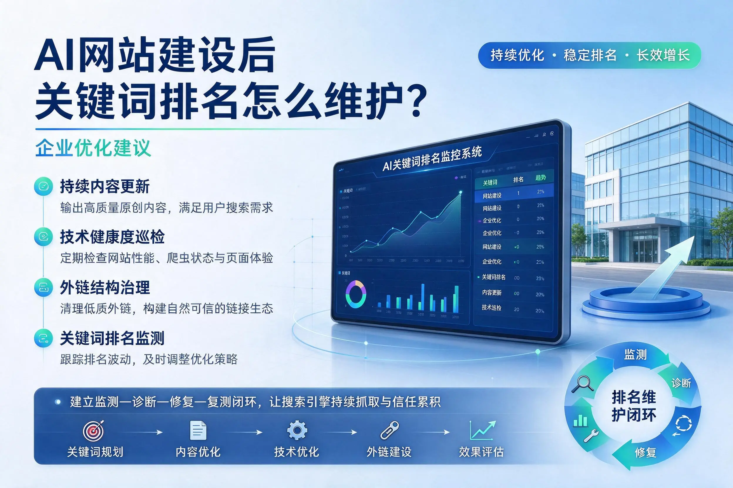 AI网站建设后关键词排名怎么维护?海口企业优化建议