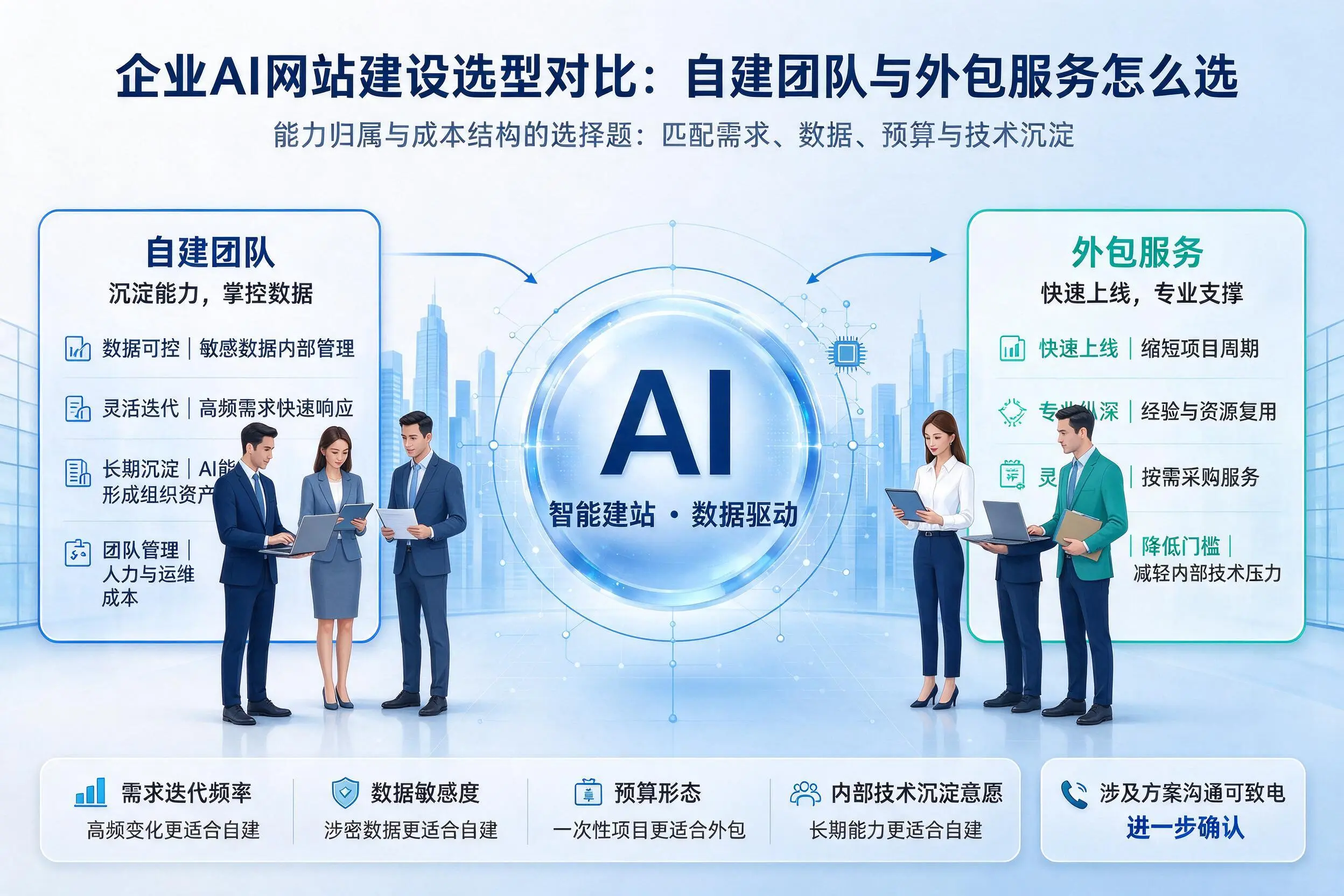 海口企业AI网站建设选型对比：自建团队与外包服务怎么选